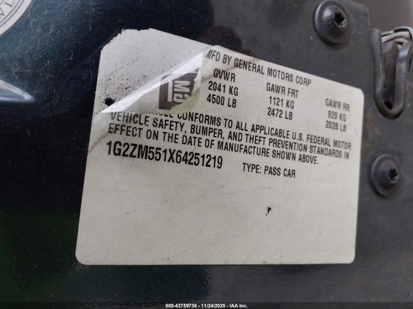 2006 Pontiac G6 Gtp VIN: 1G2ZM551X64251219 Lot: 43759738