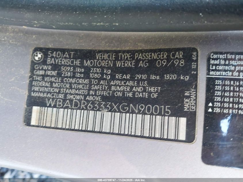 1999 BMW 540I Sport VIN: WBADR6333XGN90015 Lot: 43759747