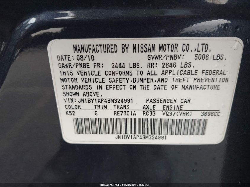 2011 Infiniti M37 VIN: JN1BY1AP4BM324991 Lot: 43759754