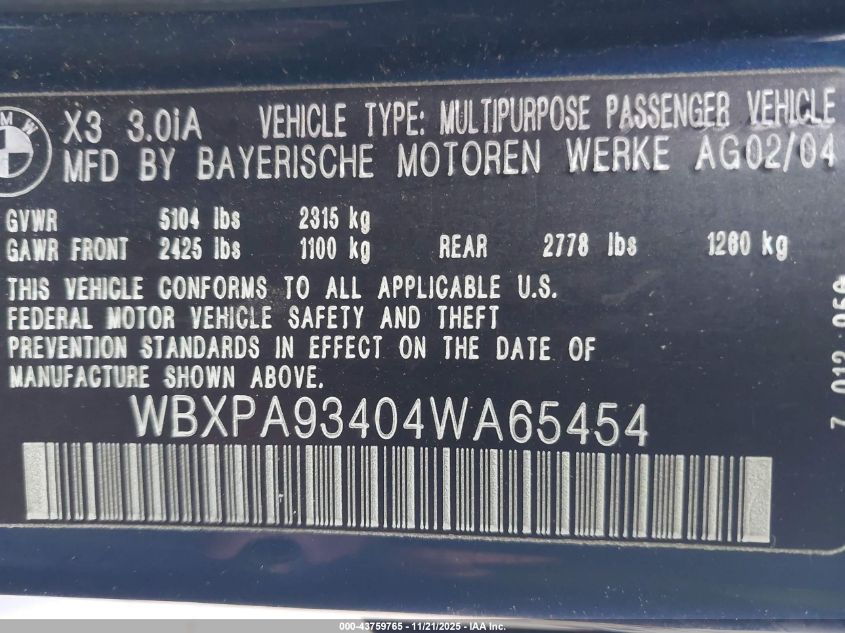 2004 BMW X3 3.0I VIN: WBXPA93404WA65454 Lot: 43759765