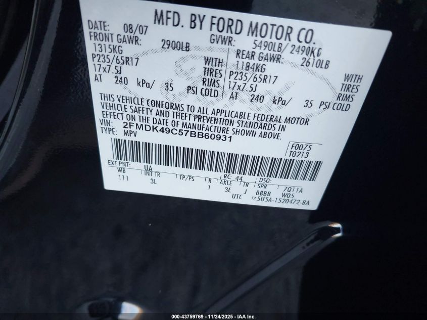 2007 Ford Edge Sel Plus VIN: 2FMDK49C57BB60931 Lot: 43759769