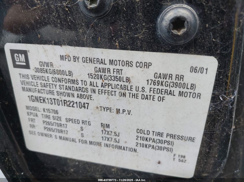 2001 Chevrolet Tahoe Ls VIN: 1GNEK13T01R221047 Lot: 43759773