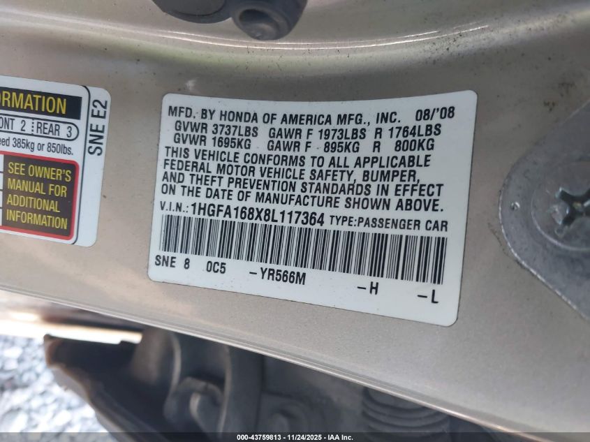 2008 Honda Civic Ex VIN: 1HGFA168X8L117364 Lot: 43759813