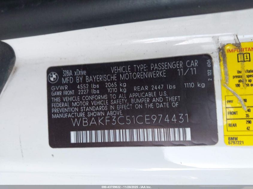 2012 BMW 328I xDrive VIN: WBAKF3C51CE974431 Lot: 43759822