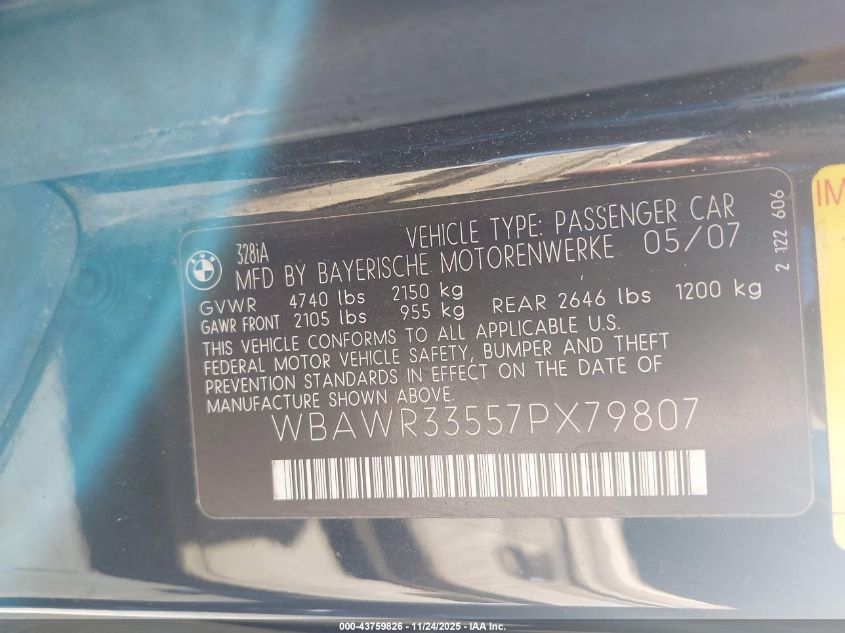 2007 BMW 328I VIN: WBAWR33557PX79807 Lot: 43759826