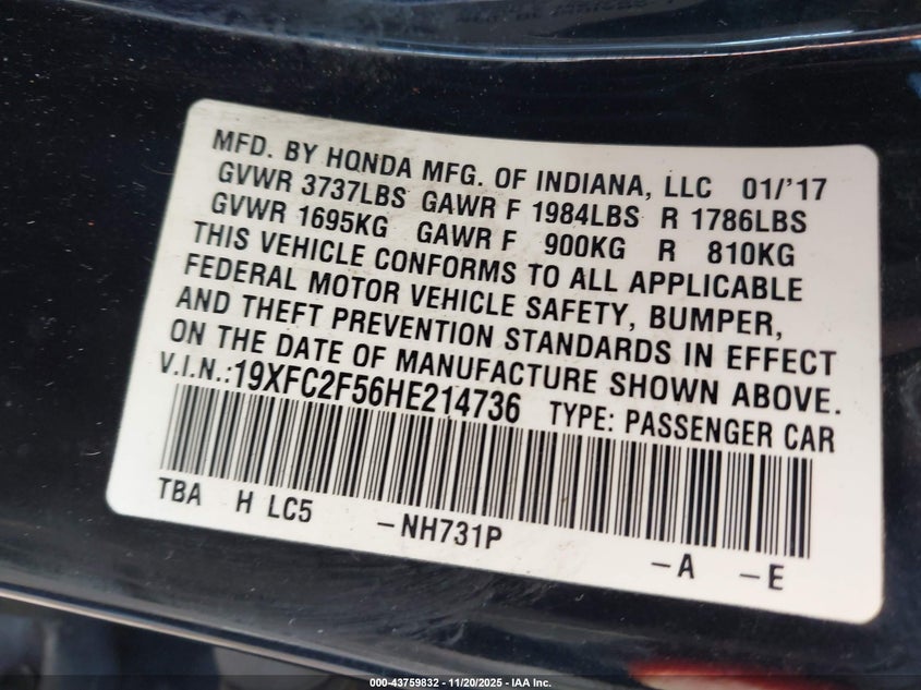 19XFC2F56HE214736 2017 HONDA CIVIC photo no. 9