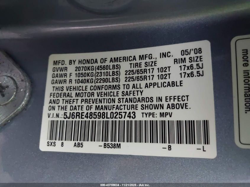 2008 Honda Cr-V Ex VIN: 5J6RE48598L025743 Lot: 43759834
