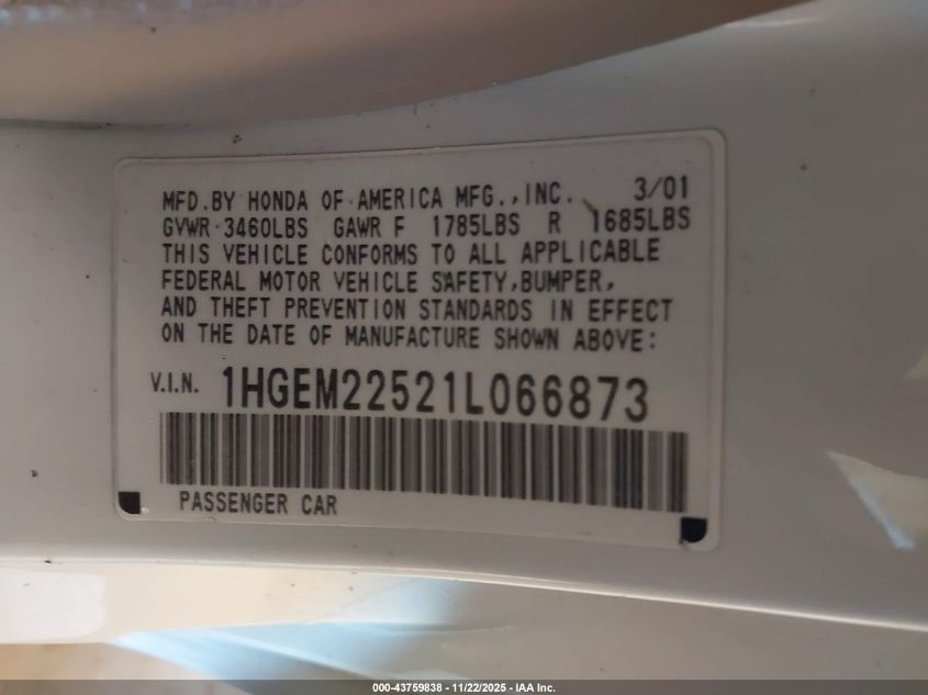 2001 Honda Civic Lx VIN: 1HGEM22521L066873 Lot: 43759838