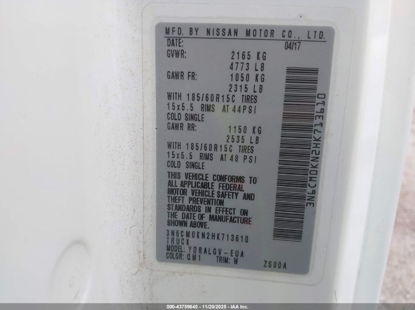 2017 Nissan Nv200 Sv VIN: 3N6CM0KN2HK713610 Lot: 43759840