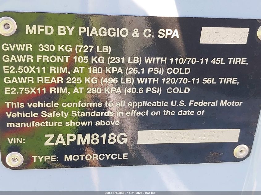 2018 Vespa Sprint 150 3V VIN: ZAPM818G6J5701467 Lot: 43759843