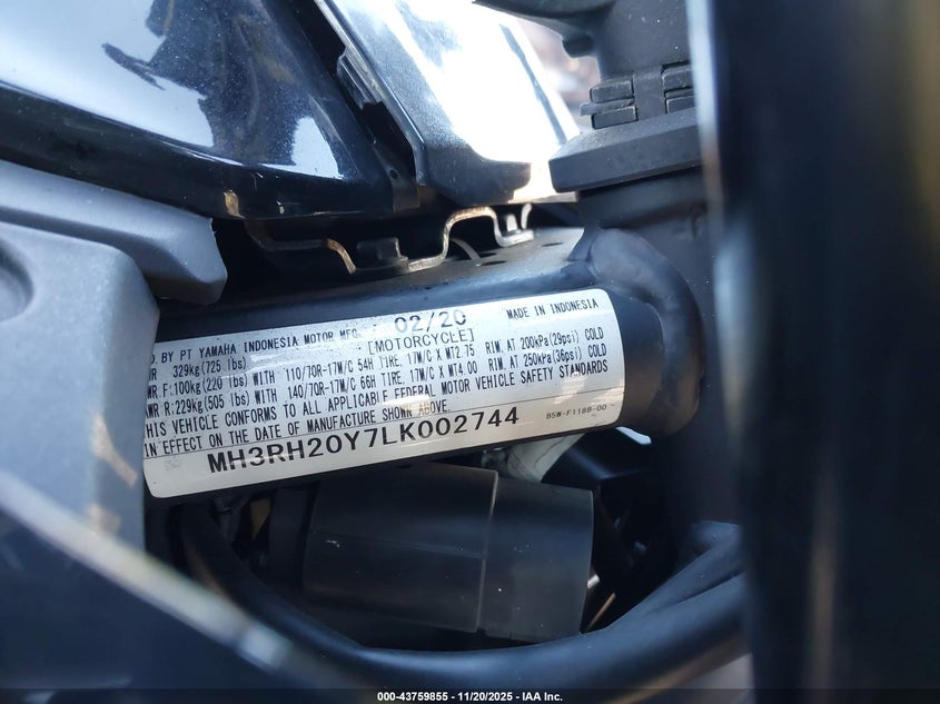 2020 Yamaha Mt-03 VIN: MH3RH20Y7LK002744 Lot: 43759855