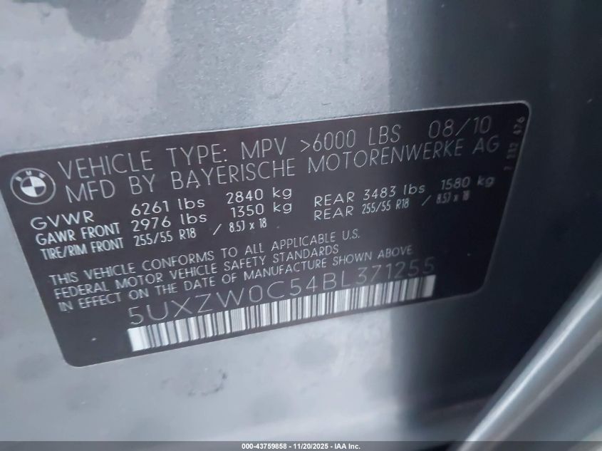2011 BMW X5 xDrive35D VIN: 5UXZW0C54BL371255 Lot: 43759858