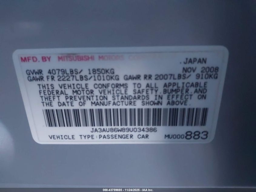 2009 Mitsubishi Lancer Gts VIN: JA3AU86W89U034386 Lot: 43759885