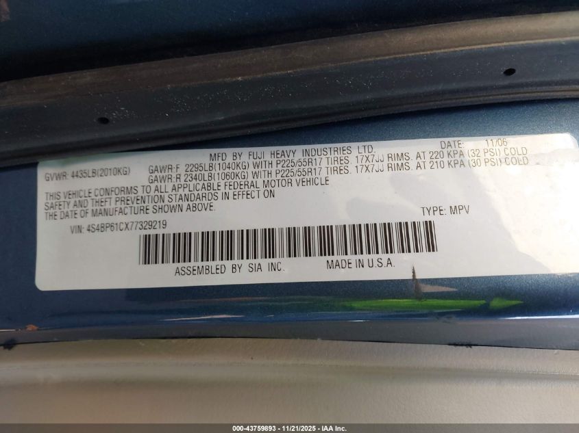 2007 Subaru Outback 2.5I VIN: 4S4BP61CX77329219 Lot: 43759893