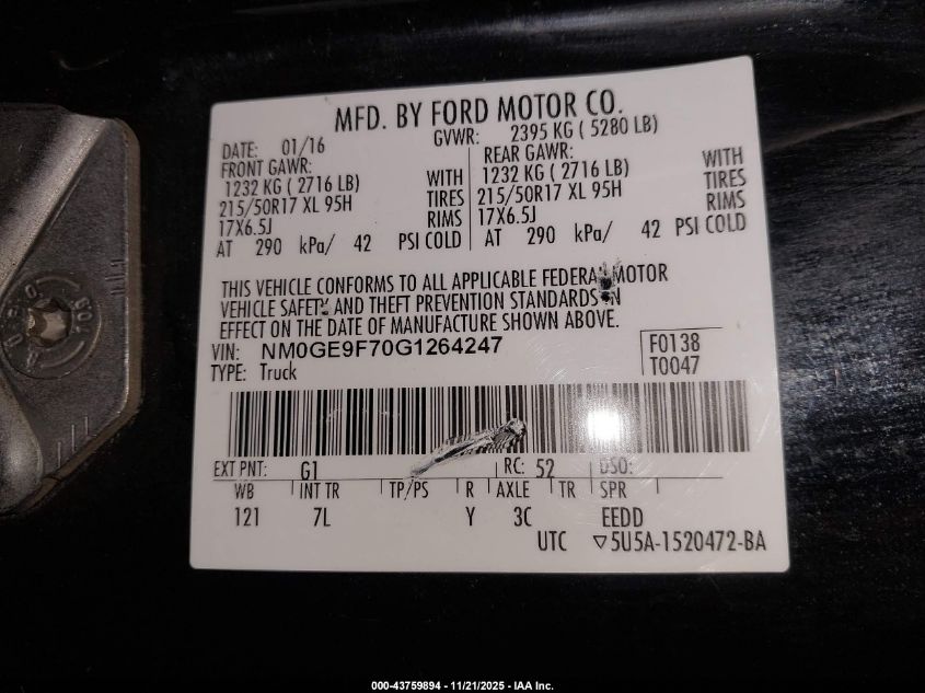 2016 Ford Transit Connect Xlt VIN: NM0GE9F70G1264247 Lot: 43759894