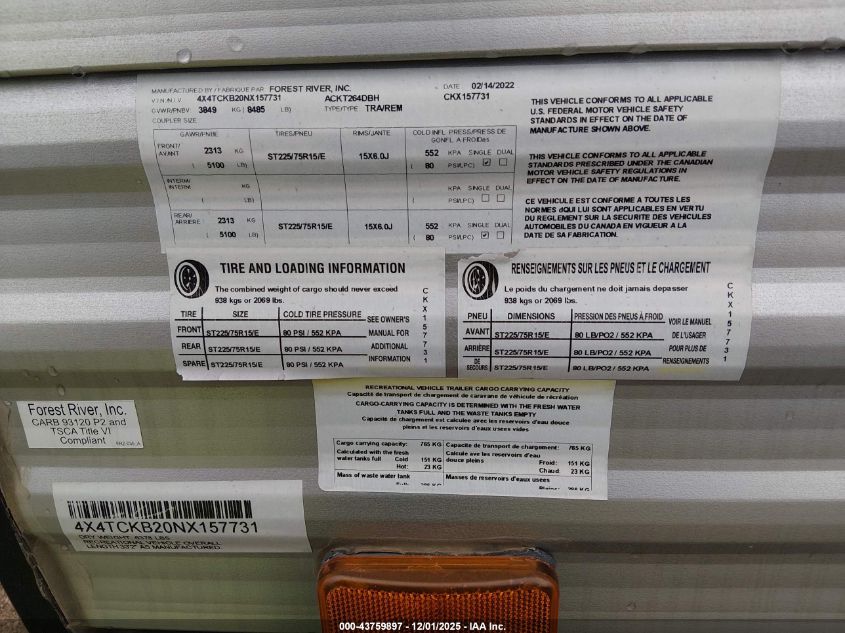 2022 Cherokee Other VIN: 4X4TCKB20NX157731 Lot: 43759897