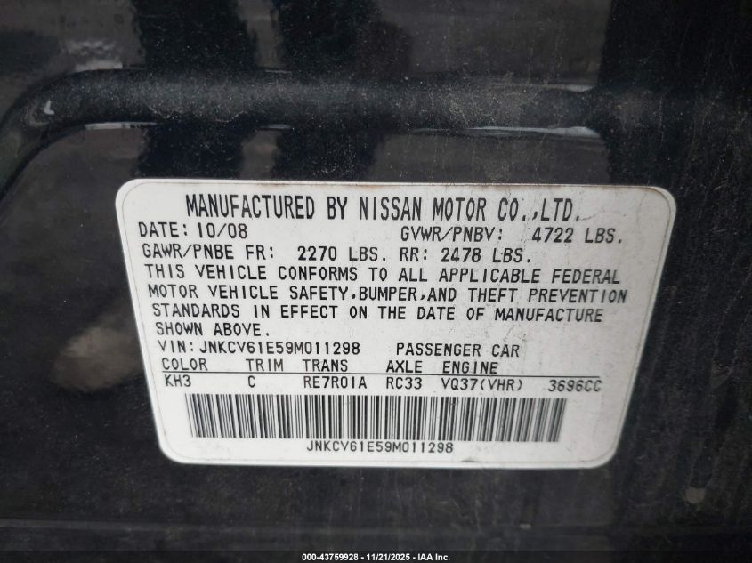 2009 Infiniti G37 Journey VIN: JNKCV61E59M011298 Lot: 43759928