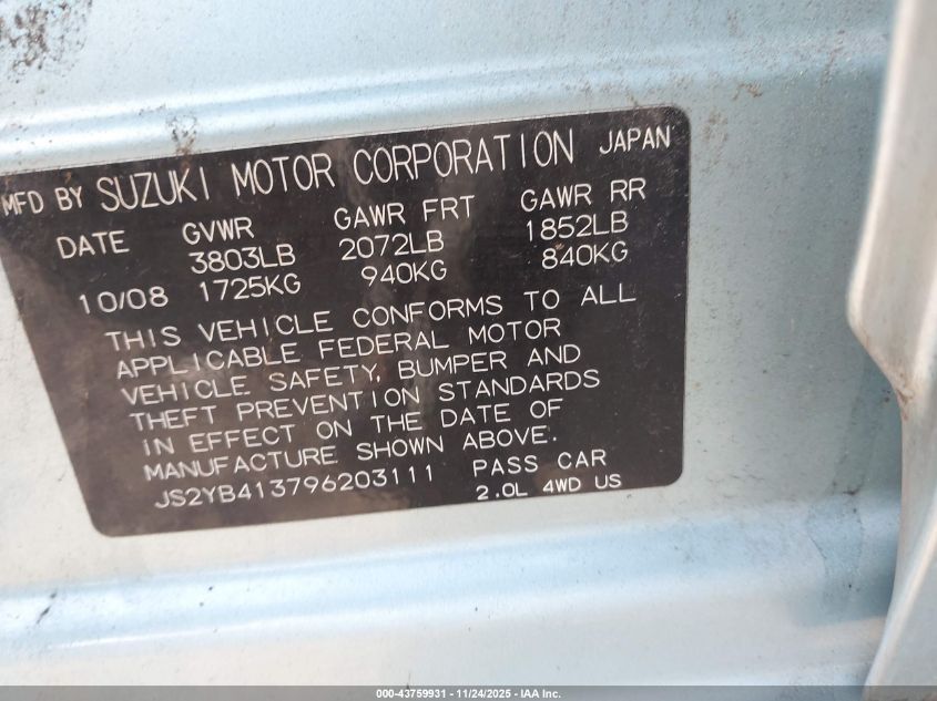 2009 Suzuki Sx4 Technology VIN: JS2YB413796203111 Lot: 43759931