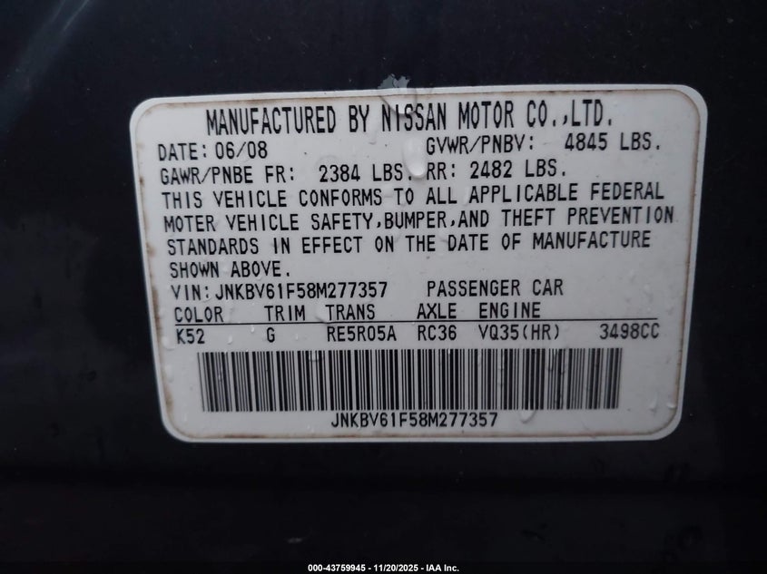 2008 Infiniti G35X VIN: JNKBV61F58M277357 Lot: 43759945