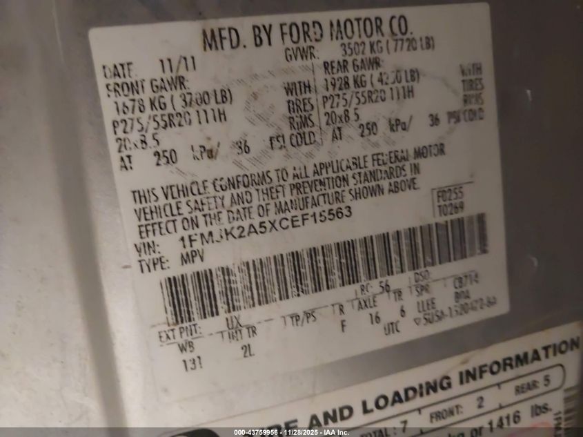 2012 Ford Expedition El Limited VIN: 1FMJK2A5XCEF15563 Lot: 43759956