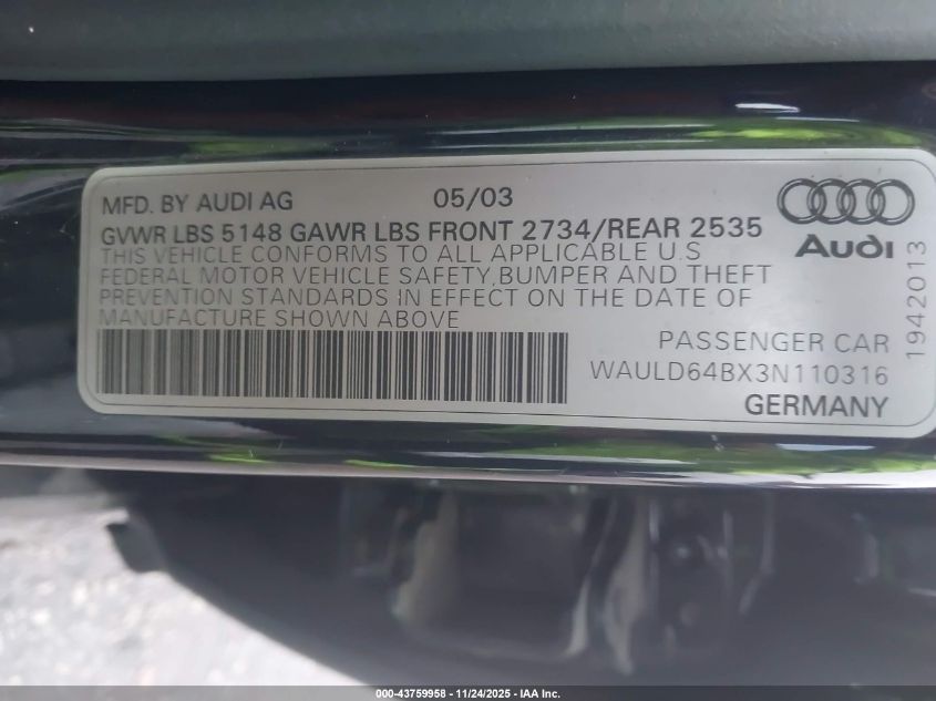 2003 Audi A6 2.7T VIN: WAULD64BX3N110316 Lot: 43759958