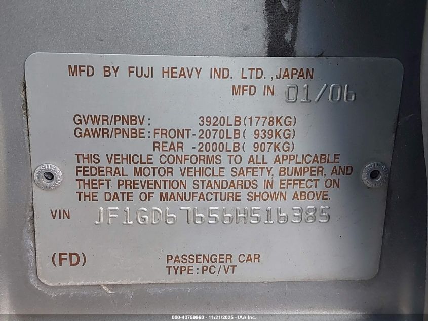 2006 Subaru Impreza VIN: 1F1GD67656H516385 Lot: 43759960