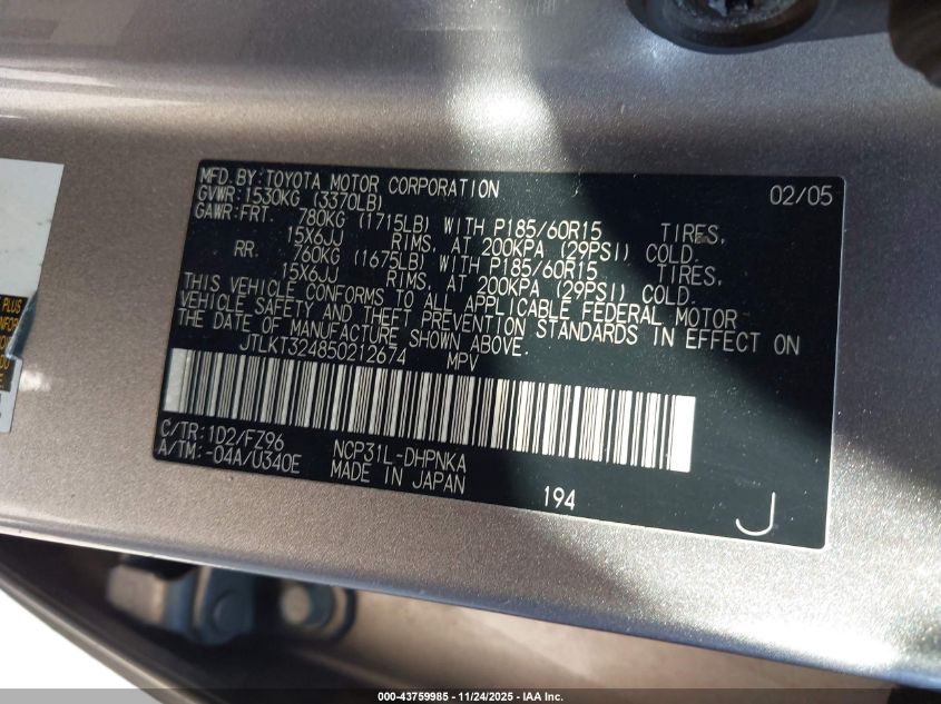 2005 Scion Xb VIN: JTLKT324850212674 Lot: 43759985