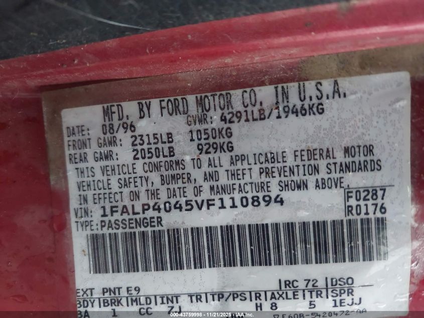 1997 Ford Mustang VIN: 1FALP4045VF110894 Lot: 43759998