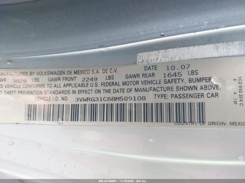 2008 Volkswagen New Beetle S VIN: 3VWRG31C68M509108 Lot: 43760001