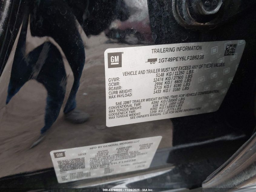 2020 GMC Sierra 2500Hd 4Wd Standard Bed At4 VIN: 1GT49PEY6LF186238 Lot: 43760005