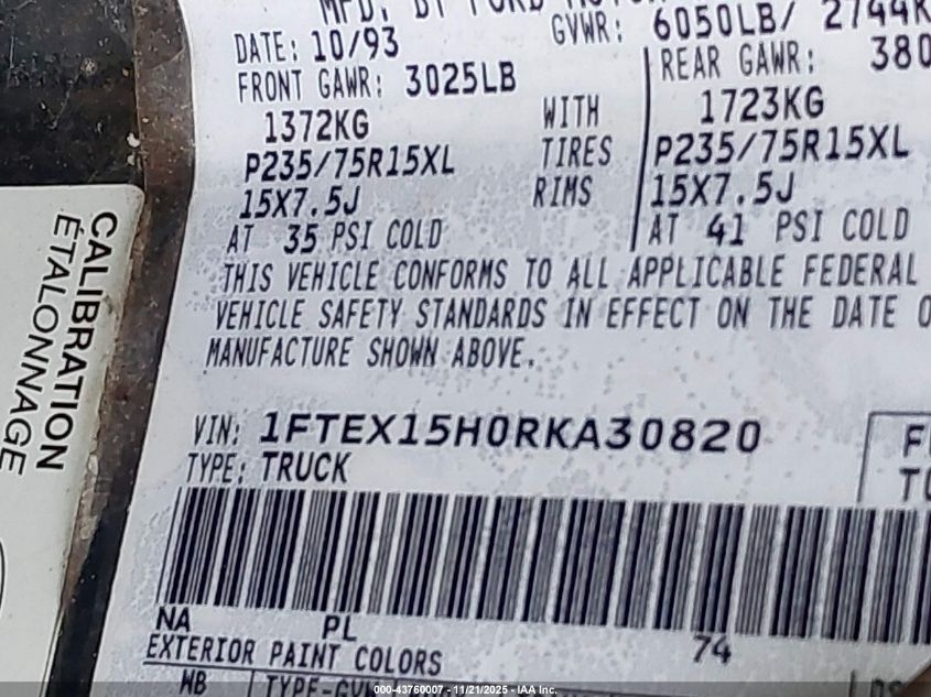1994 Ford F150 VIN: 1FTEX15H0RKA30820 Lot: 43760007