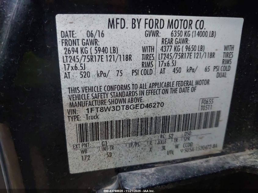 2016 Ford F-350 Lariat VIN: 1FT8W3DT8GED46270 Lot: 43760028