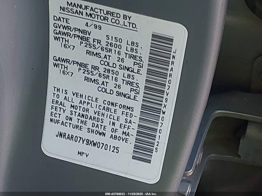 1999 Infiniti Qx4 Luxury VIN: JNRAR07Y9XW070125 Lot: 43760032