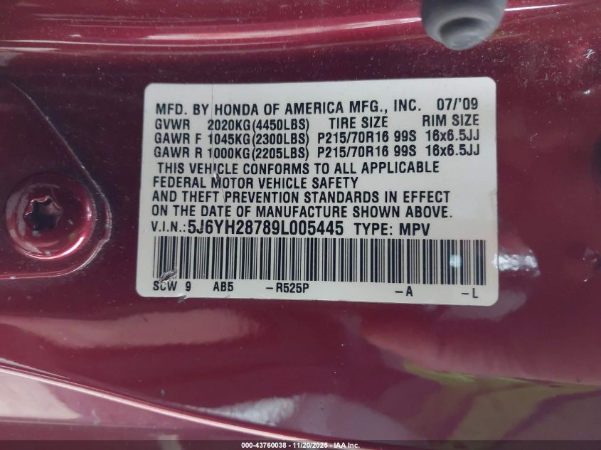 2009 Honda Element Ex VIN: 5J6YH28789L005445 Lot: 43760038
