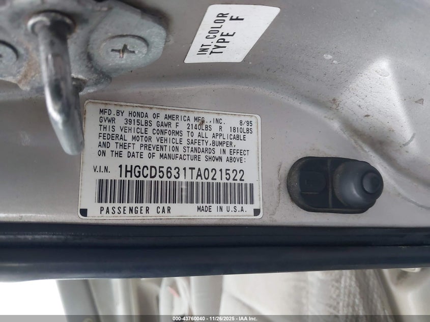 1996 Honda Accord Lx/Ex VIN: 1HGCD5631TA021522 Lot: 43760040