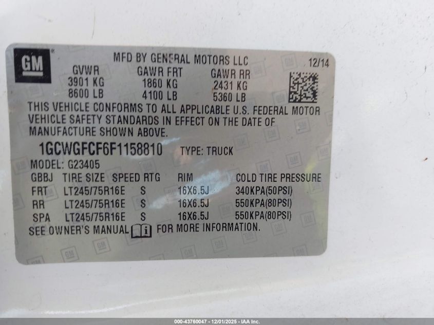 2015 Chevrolet Express 2500 Work Van VIN: 1GCWGFCF6F1158810 Lot: 43760047