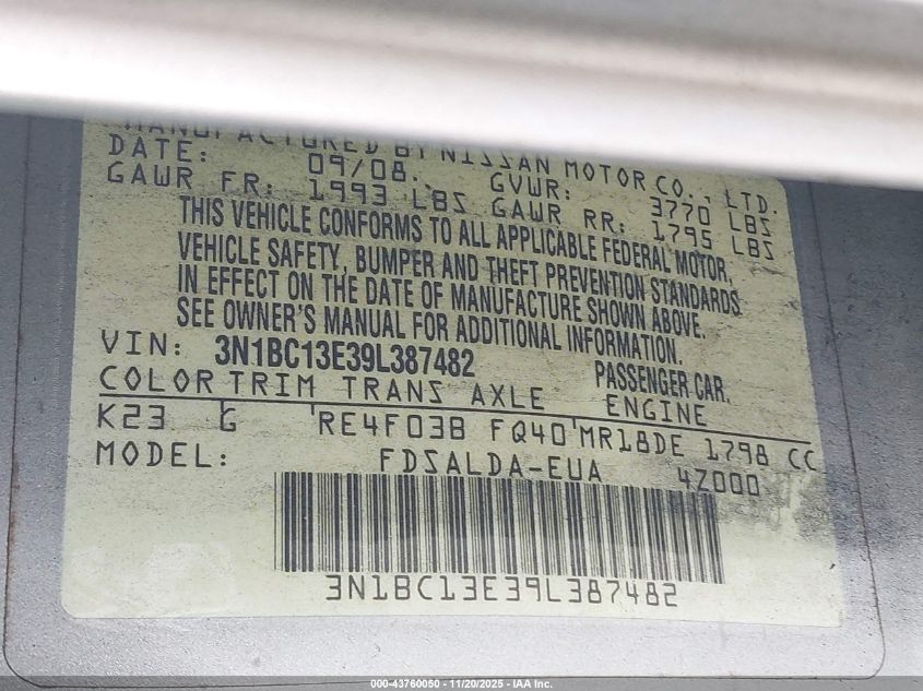 2009 Nissan Versa 1.8S VIN: 3N1BC13E39L387482 Lot: 43760050