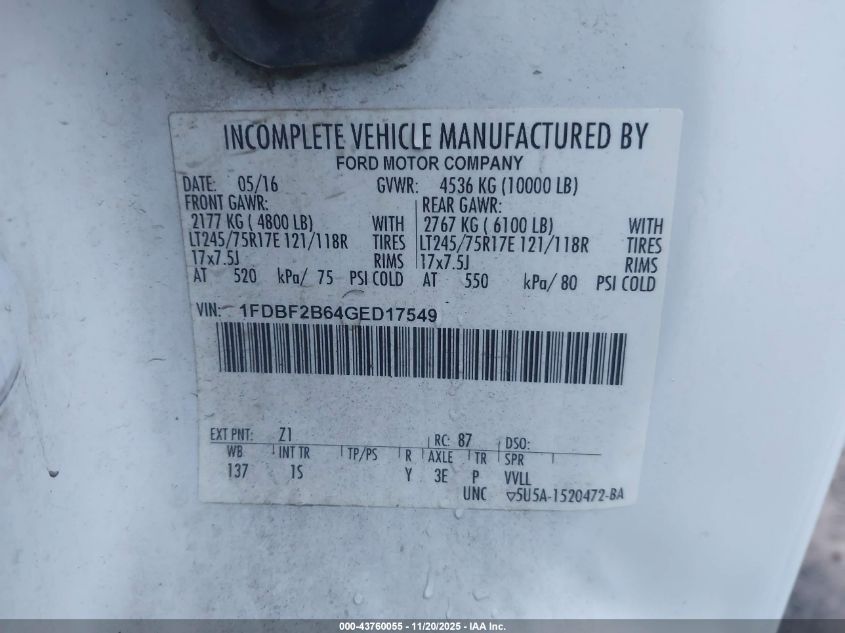 2016 Ford F-250 Xl VIN: 1FDBF2B64GED17549 Lot: 43760055