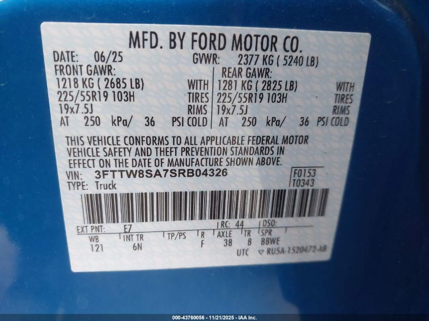 2025 Ford Maverick Lariat VIN: 3FTTW8SA7SRB04326 Lot: 43760056