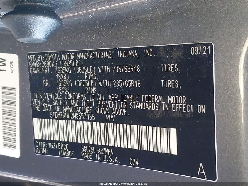 2021 Toyota Highlander Xle VIN: 5TDHZRBH2MS557155 Lot: 43760059