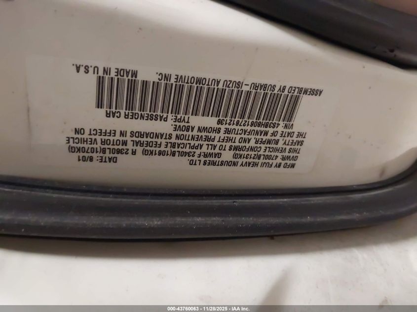 2002 Subaru Outback H6-3.0 L.l. Bean Edition VIN: 4S3BH806127612139 Lot: 43760063