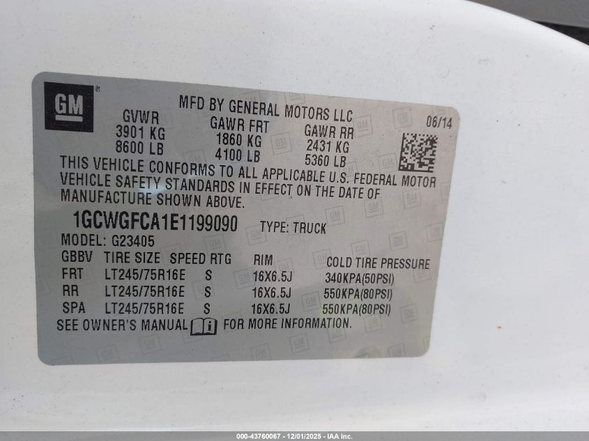 2014 Chevrolet Express 2500 Work Van VIN: 1GCWGFCA1E1199090 Lot: 43760067