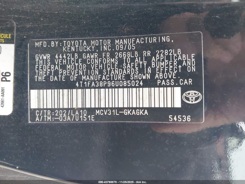 2006 Toyota Camry Solara Sle VIN: 4T1FA38P96U085024 Lot: 43760078