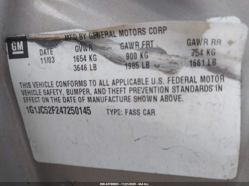 2004 Chevrolet Cavalier VIN: 1G1JC52F247250145 Lot: 43760083