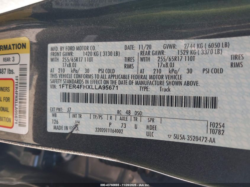 2020 Ford Ranger Xlt VIN: 1FTER4FHXLLA95671 Lot: 43760085
