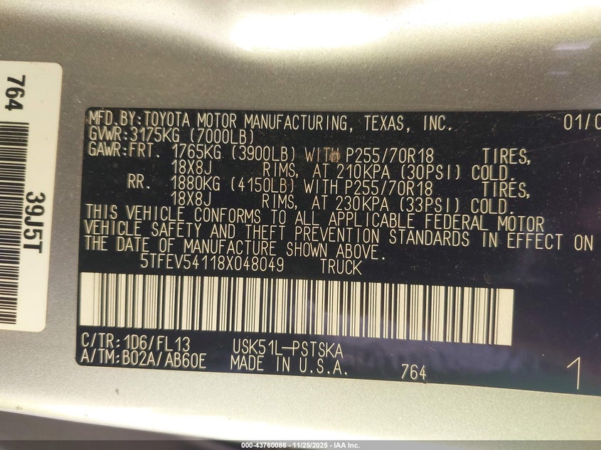 2008 Toyota Tundra Sr5 5.7L V8 VIN: 5TFEV54118X048049 Lot: 43760086