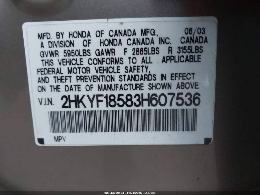 2003 Honda Pilot Ex-L VIN: 2HKYF18583H607536 Lot: 43760104