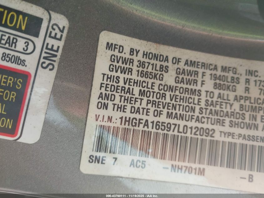 2007 Honda Civic Lx VIN: 1HGFA16597L012092 Lot: 43760111