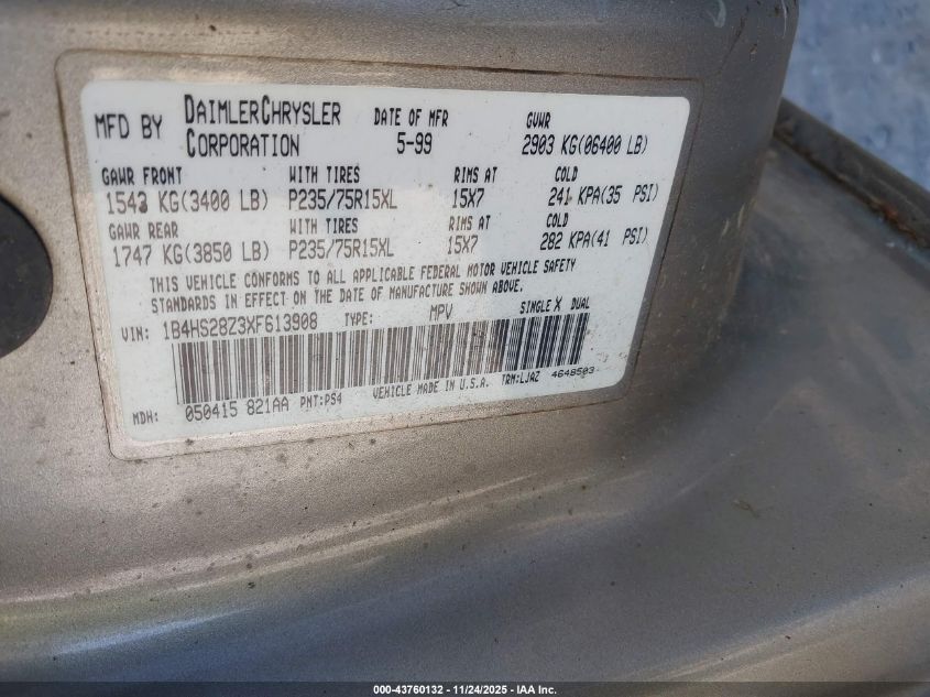 1999 Dodge Durango VIN: 1B4HS28Z3XF613908 Lot: 43760132