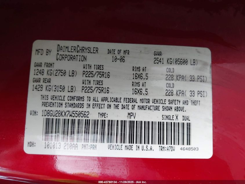 2007 Dodge Nitro Sxt VIN: 1D8GU28KX7W550562 Lot: 43760134